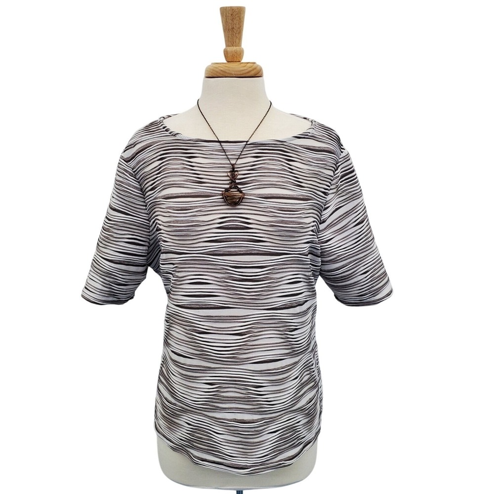Chico's Textured Wave Stripe Stretch Top Gray White Neutral Abstract Print 3(XL)